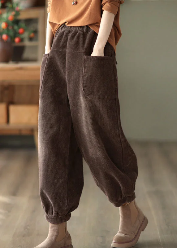 Super Deal Coffee Patchwork Warm Fleece Harem Pants Elastic Waist Pockets Winter