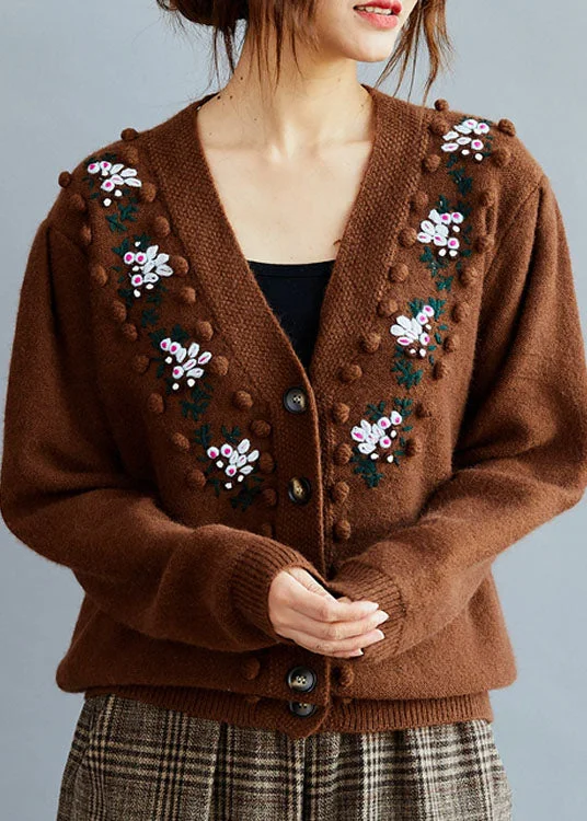 Deal Alert Fitted Coffee Embroideried Button Knit sweaters Coat Winter