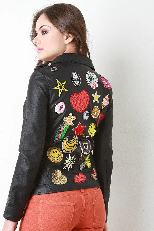 Unbeatable Prices Graphic Patched Back Vegan Leather Moto Jacket