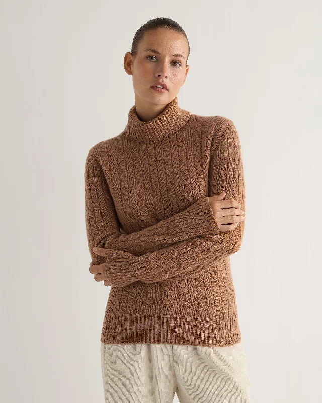 Weekend Shopping Extravaganza Women's Adelyn Cable Turtle Cashmere Sweater Dark Camel Brown