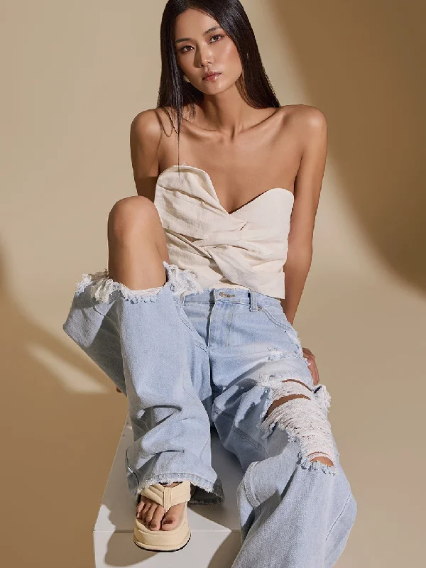 Celebrate the Weekend with Discounts B9157 Ramie Ribbon Twist Tube Top Crop Blouse