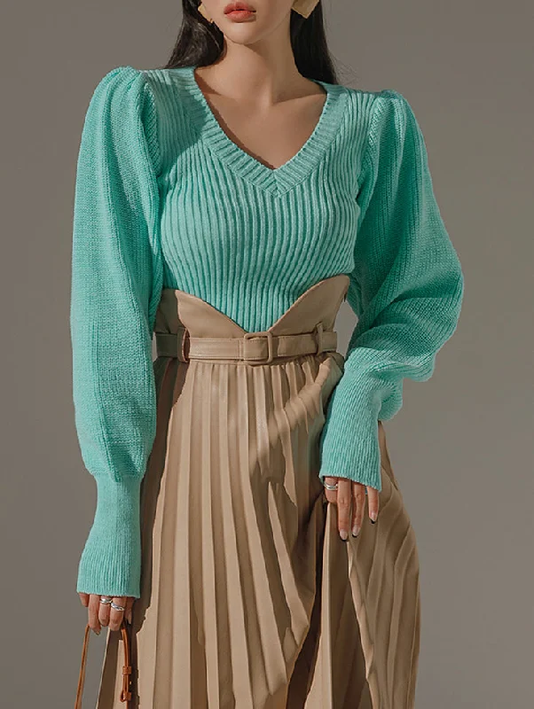 Weekend Discounts to Enjoy E2639 Ribbed Puff Sleeve Knit