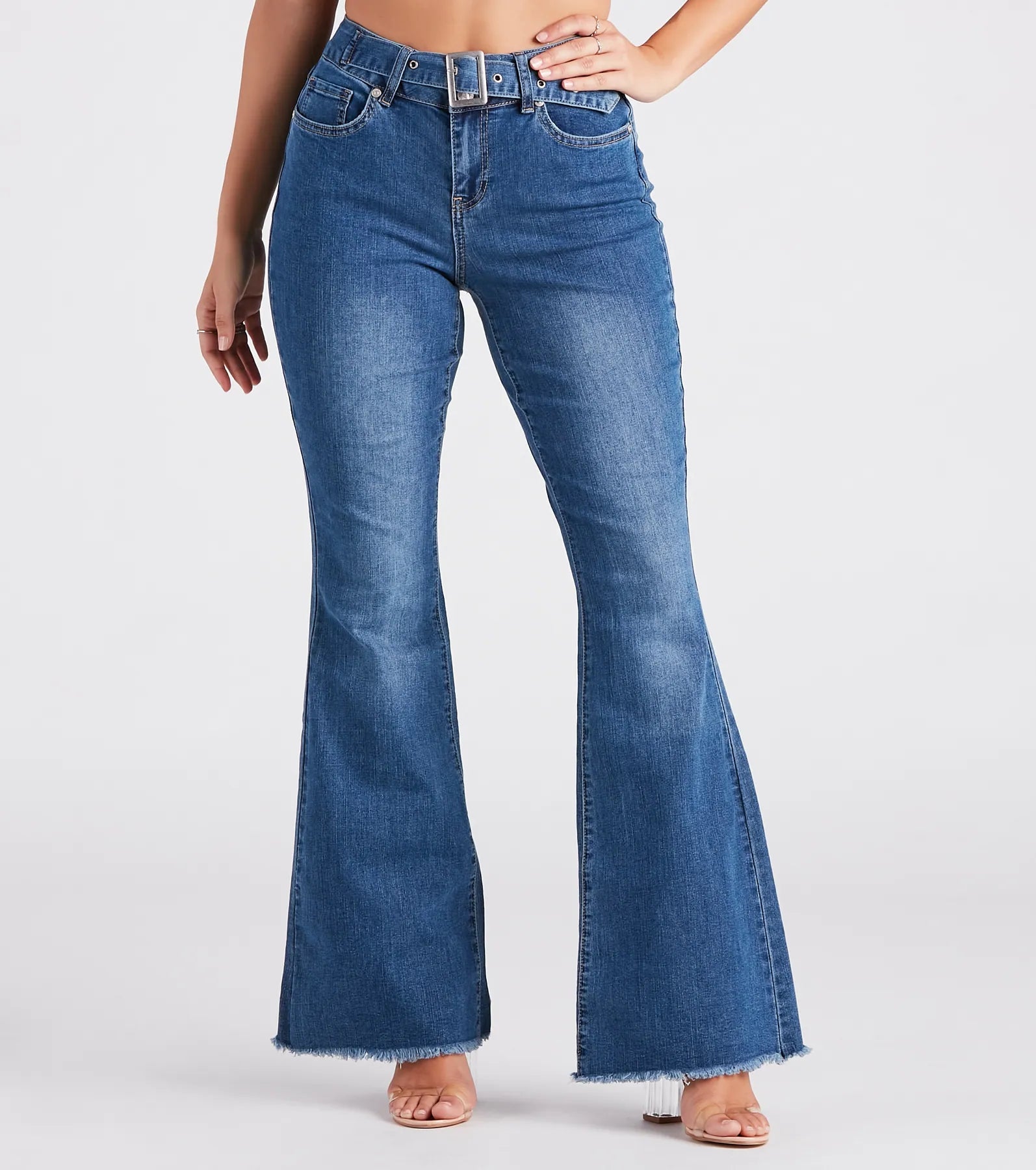 Steals and Deals Bri Mid Rise Belted Flare Jeans By Windsor Denim