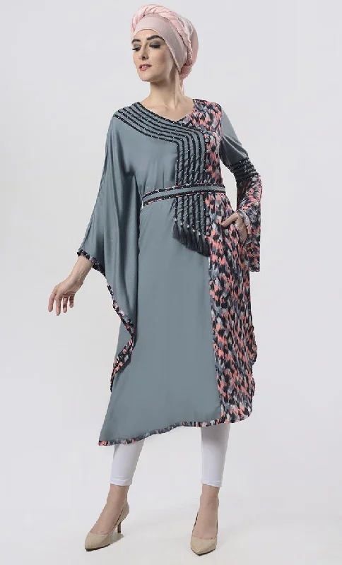 Weekend Bargains to Celebrate Superior Grey Semi-Kaftan Bell Sleeves Printed Tunic With Belt