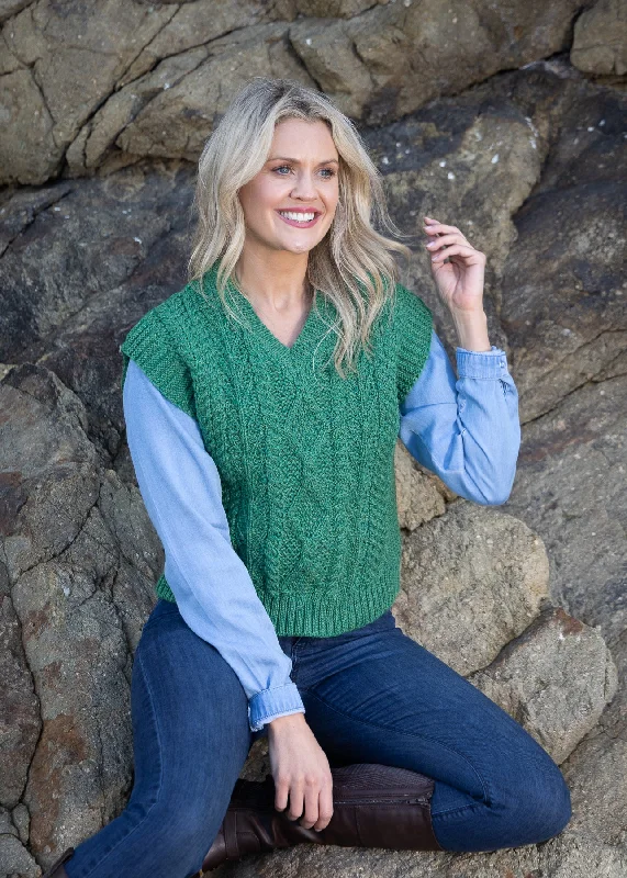 Weekend Offers That Dazzle Women's V Neck Aran Vest | Green