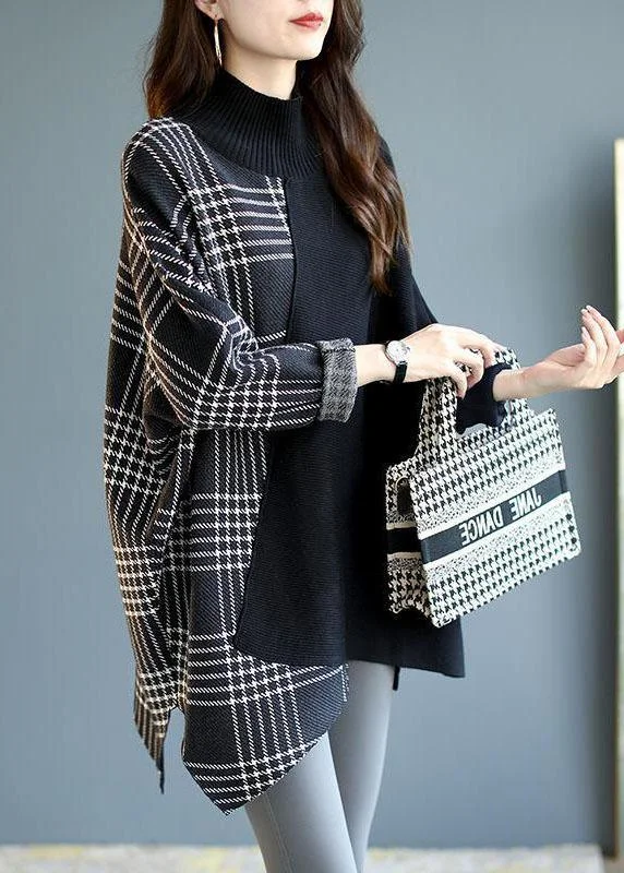 Weekend Savings Bonanza Italian Black asymmetrical design Patchwork Plaid Fall Knit sweaters