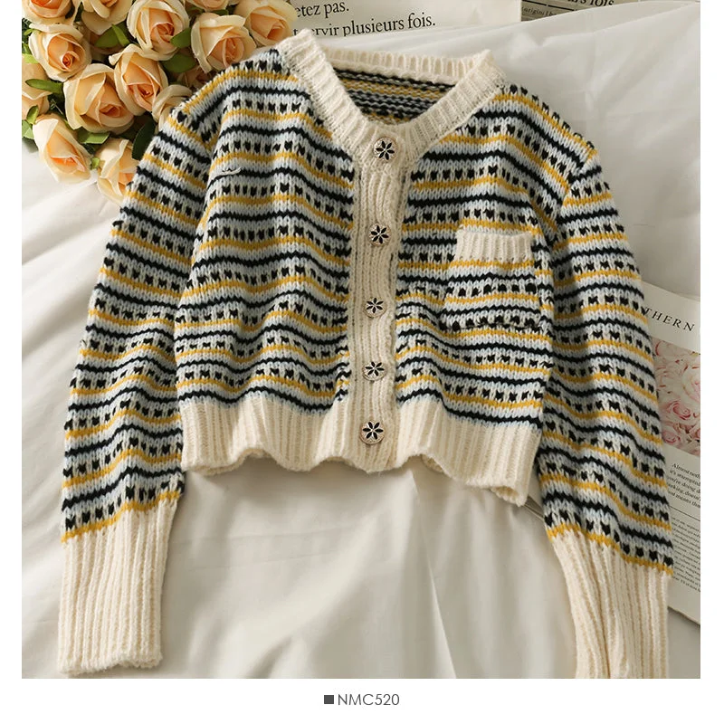 Discount Extravaganza Vintage contrast stitched striped single breasted cardigan sweater  1869