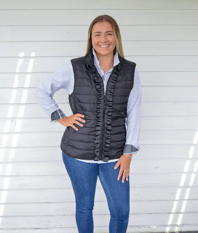 Instant Discount Maggie May Ruffled Ribbon Puffer Vest Black w Black (PF16)
