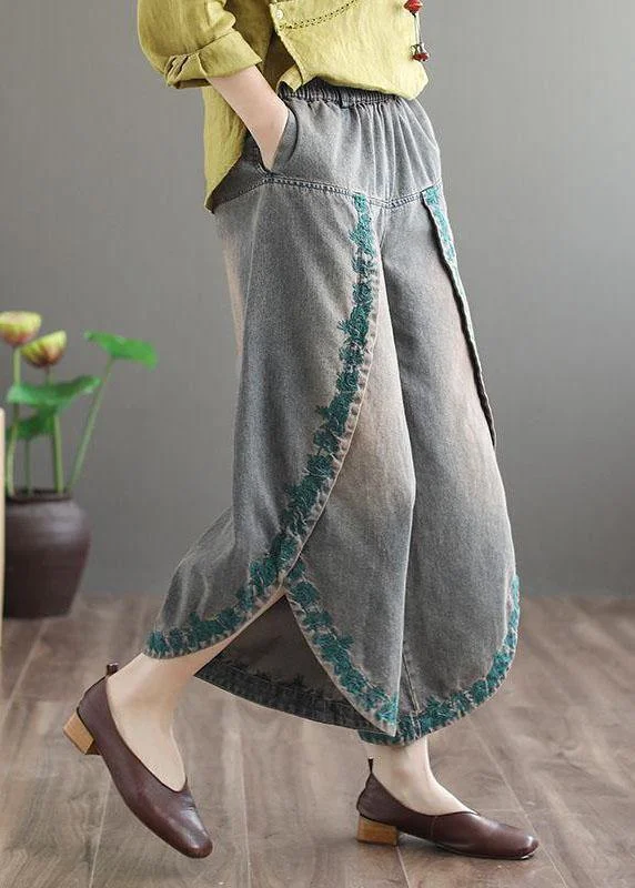 Weekend Specials to Enjoy French Blue Pockets Embroideried Fall Denim Wide Leg Pants