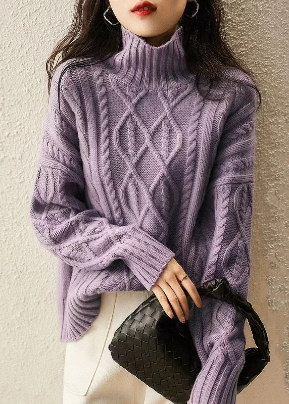 Steals and Deals French Purple Hign Neck Patchwork Woolen Cable Knit Sweaters Winter