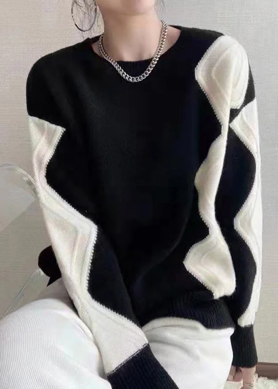 Deal Dash French Black O Neck Patchwork Cozy Cotton Knit Sweaters Fall