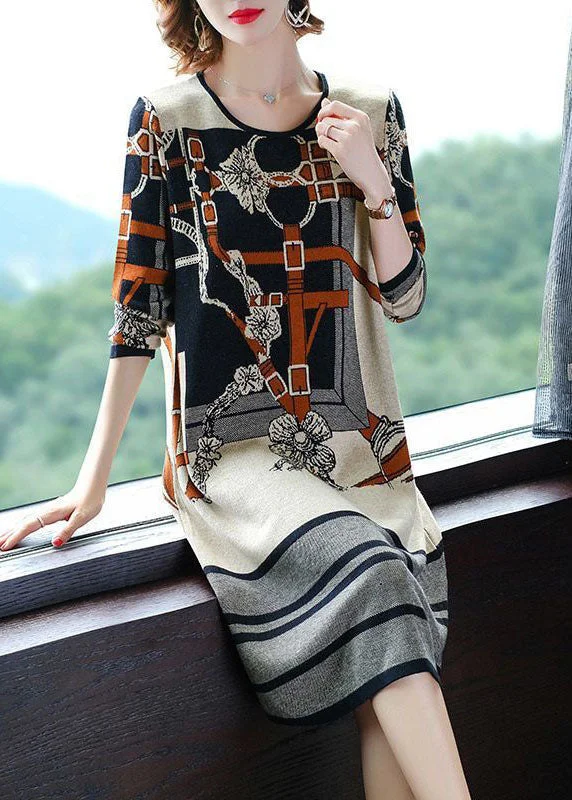 Weekend Discounts to Love Modern Beige O-Neck Print Knit Sweater Dress Long Sleeve