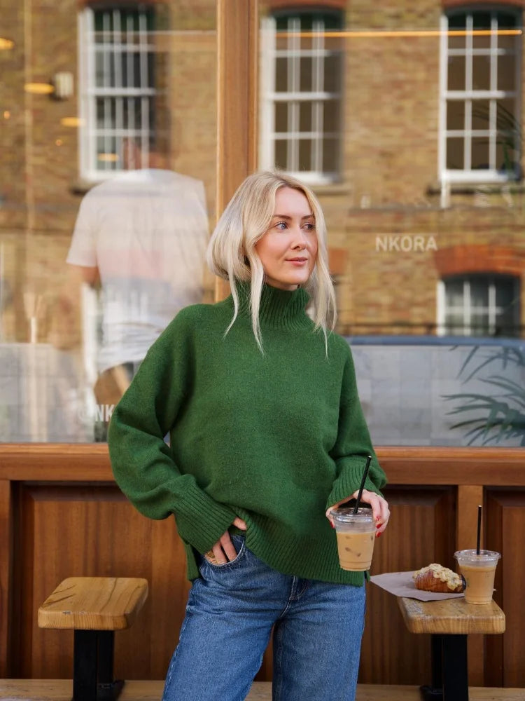 Weekend Deals That Please Elegant Green Turtleneck Knitted Women Fashion Long Sleeve Loose Thick Warm Sweater
