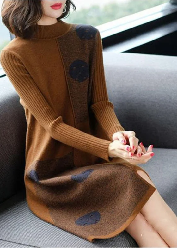 The Best Prices Fashion Chocolate High Neck Asymmetrical Design Knit Sweater Dress Long Sleeve