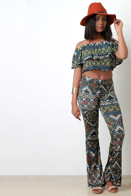 Weekend Deals That Dazzle Ethnic Print Ruffle Off The Shoulder Top