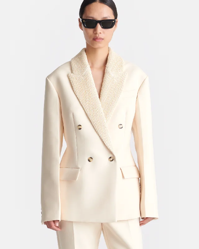 Seasonal Sale Alanna - Crochet-Trim Double Suiting Blazer - Creme