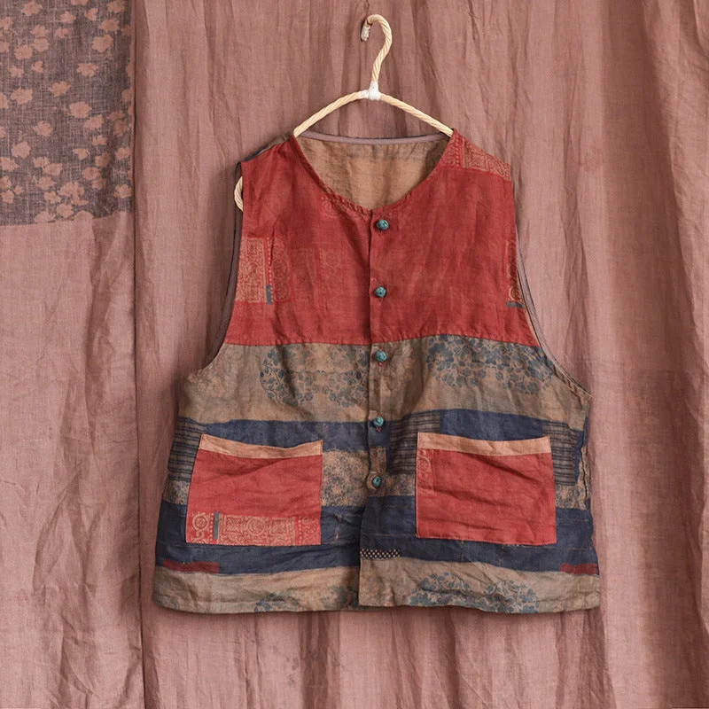Big Discounts Women Retro Patchwork Linen Loose Vest