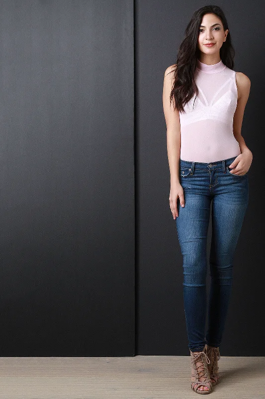 Exclusive Online Offer Mock Neck Semi-Sheer Mesh Bodysuit