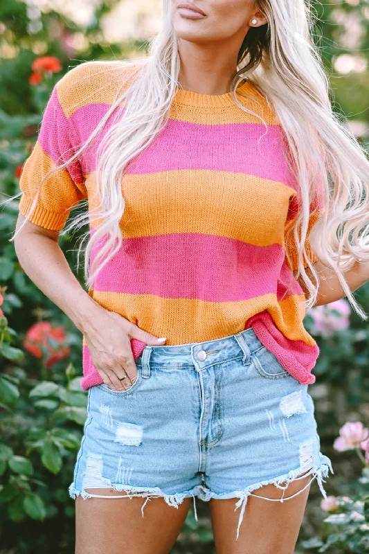 Stock Clearance Color Block Round Neck Short Sleeve Knit Top