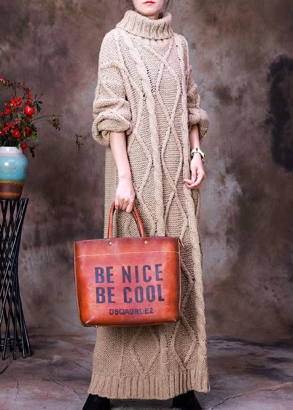 Deal Frenzy French Khaki Turtle Neck Hollow Out Knit Winter Sweater dress