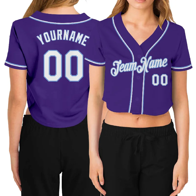 Today’s Deal Custom Women's Purple White-Light Blue V-Neck Cropped Baseball Jersey