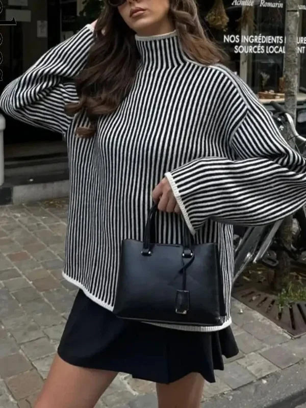Today's Special Pinstripe Mock Neck Trendy Contrast Trim Sweater