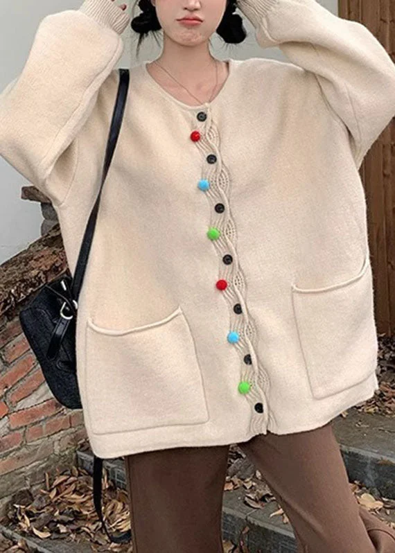Weekend Extravaganza: Shop Now Modern Apricot O-Neck Pockets Button Cotton Knit Sweater Coats Fall