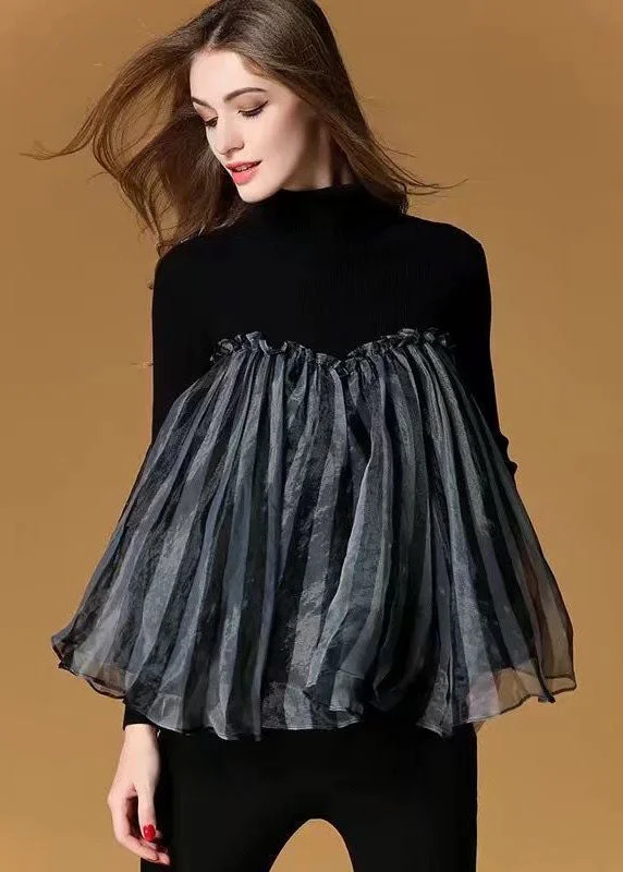 Huge Savings Fashion Black High Neck Tulle Patchwork Striped Knit Sweaters Spring