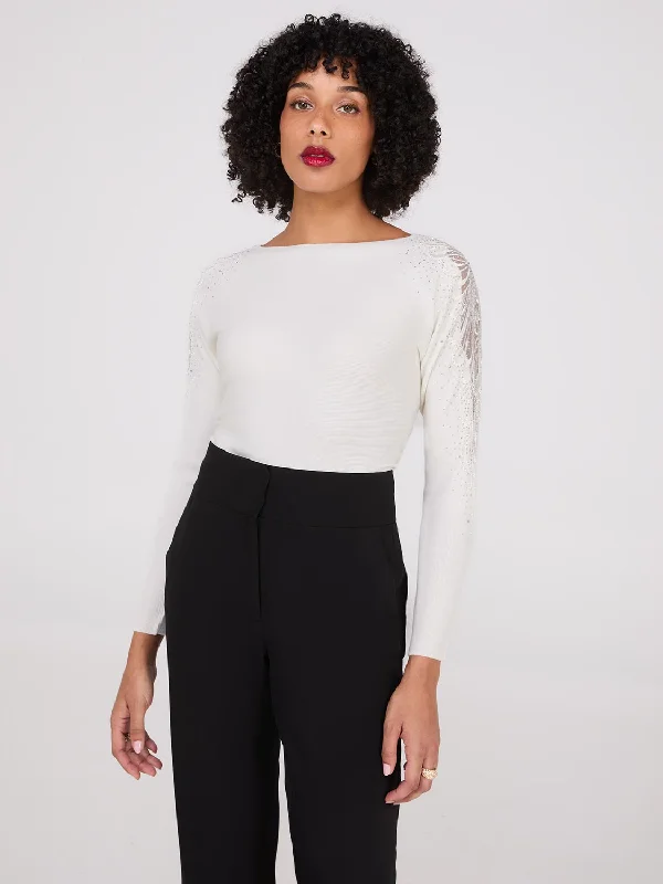 Great Deals Boat Neck Sweater With Embellished Sleeves