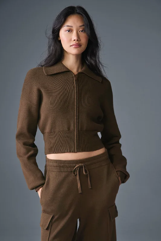 Your Weekend, Your Savings Scholar Knit Cropped Full Zip Jacket - Espresso
