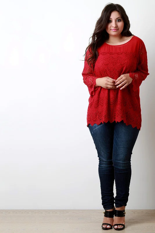 Weekend Steals Await Contrast Semi-Sheer Crochet Lace Long Sleeve Top