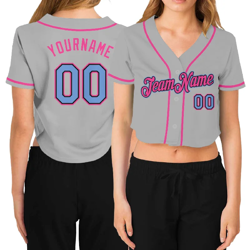 Price Fest Custom Women's Gray Light Blue Black-Pink V-Neck Cropped Baseball Jersey