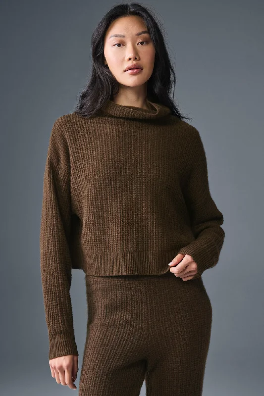 Unwind with Weekend Discounts Cashmere Plush Waffle Turtleneck Pullover - Espresso