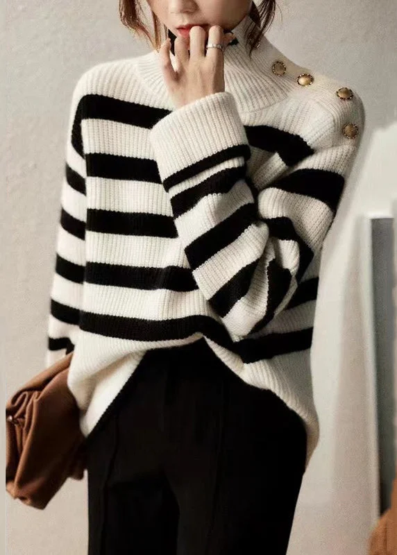 Weekend Discounts to Indulge In French Striped Turtleneck Patchwork Cozy Knit Sweaters Long Sleeve