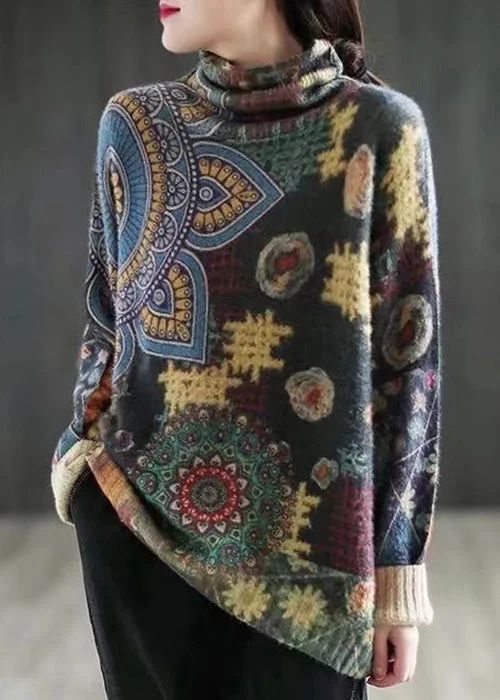 Weekend Discounts Worth Grabbing Loose Dark Grey Turtleneck Print Patchwork Mink Hair Knitted Sweaters Fall