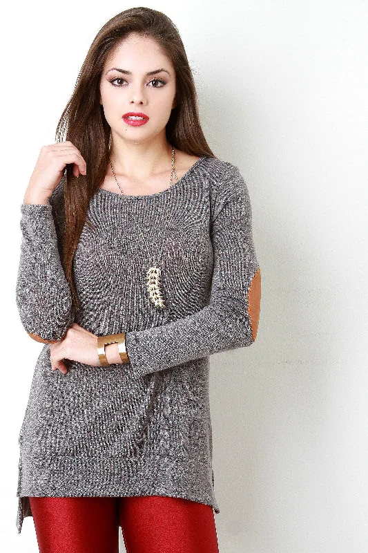 Weekend Specials to Celebrate Crisscross Back Elbow Patch High Low Sweater