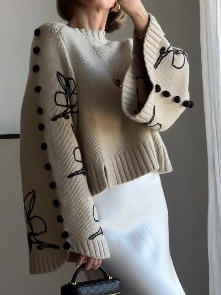 Stock Clearance Women Classic Embroidered Knitted Fashion O-neck Woolen Ball Decorate Long Sleeve Sweater
