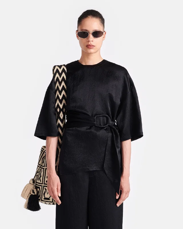 Crazy Deals Besia - Belted Crinkled-Satin Top - Black