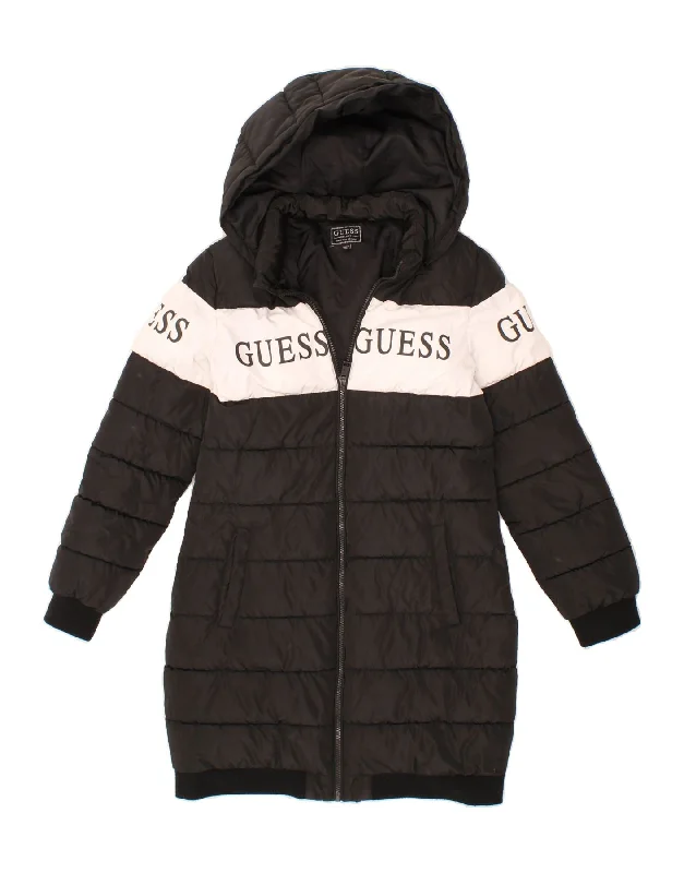Flash Sale GUESS Womens Graphic Hooded Padded Coat UK 14 Medium Black Colourblock