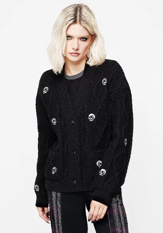 Super Deal Bones Embroidered Cable Knit Cardigan