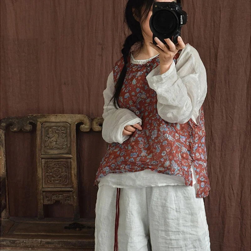 Warehouse Sale Women Retro Linen Floral Print Loose Summer Vest