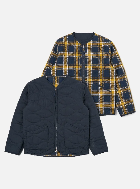 Universal Works Reversible Military Liner Jacket in Yellow/Navy Twill Check Tartan