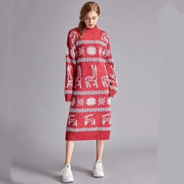 Online Only long sleeve plus size wool knitted Christmas women casual midi autumn winter Sweater dress