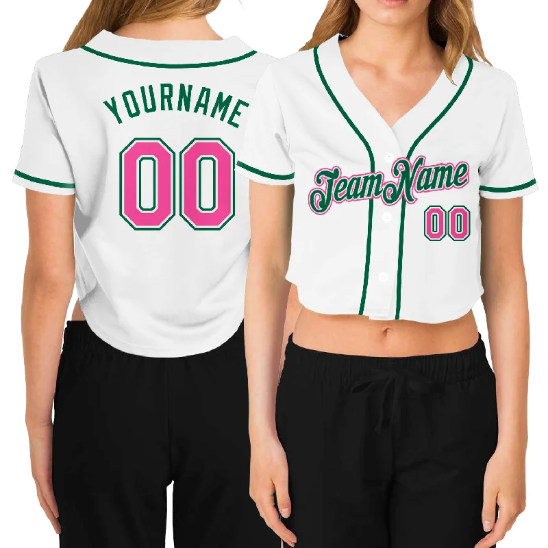 Buy More, Save More Custom Women's White Pink-Green V-Neck Cropped Baseball Jersey
