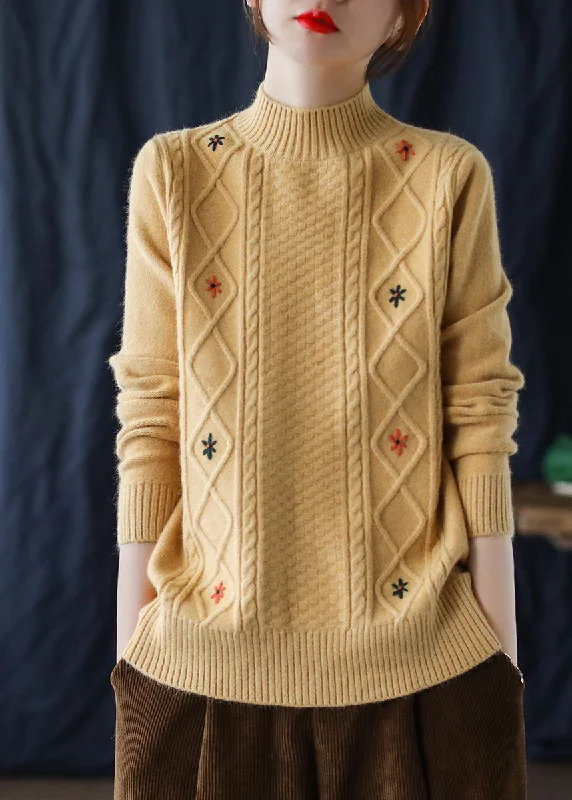 Holiday Sale Loose Yellow Embroideried Floral Knit Sweaters Winter