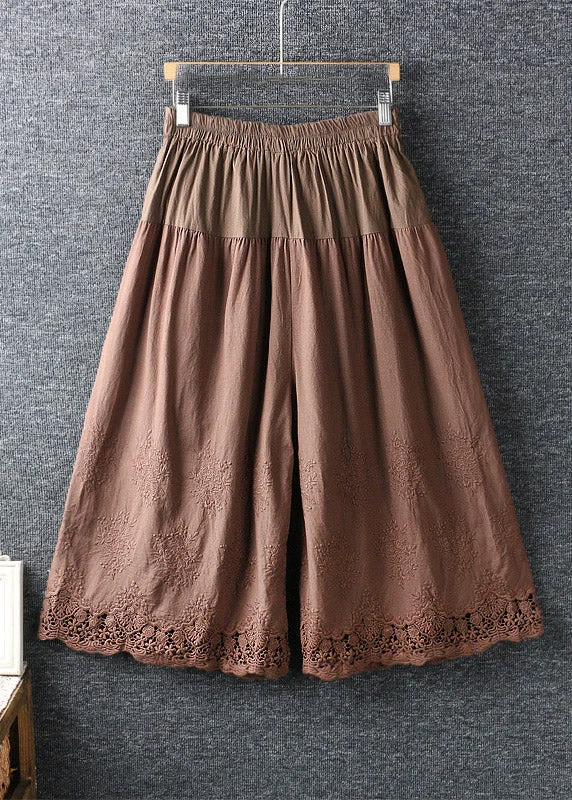 Weekend Specials to Celebrate French Coffee Hollow Out Patchwork Elastic Waist Cotton Wide Leg Pants Summer