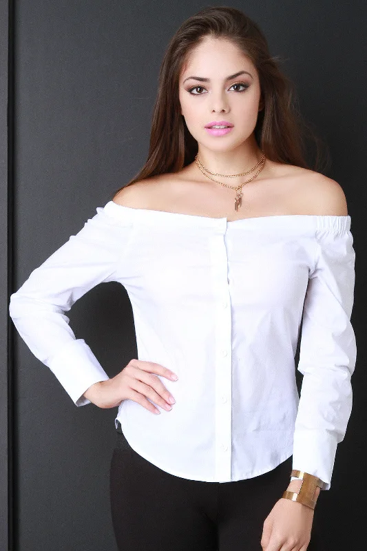 Online Deal Long Sleeve Off The Shoulder Button Up Top