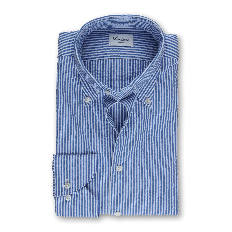 Blue Striped Seersucker Slimline Shirt - Stenströms