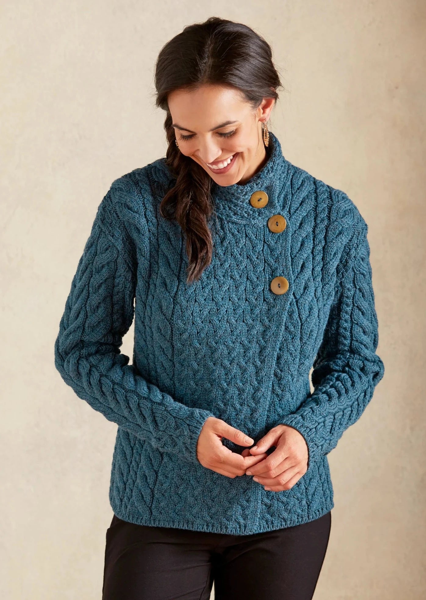Weekend Specials to Snag Aran 3 Buttons Trellis Cardigan | Irish Sea