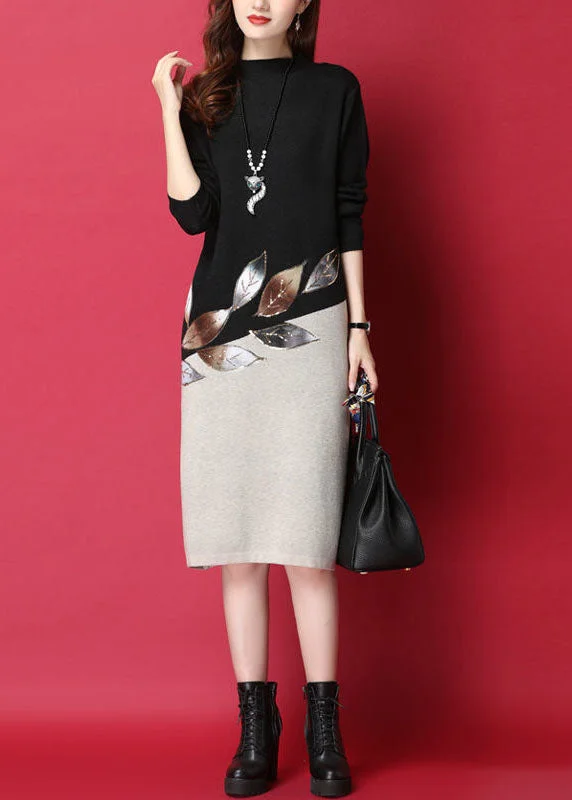Steals and Deals Fitted Black Stand Collar Patchwork Knit Sweater Dress Long Sleeve